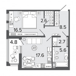 Однокомнатная квартира 53.5 м²